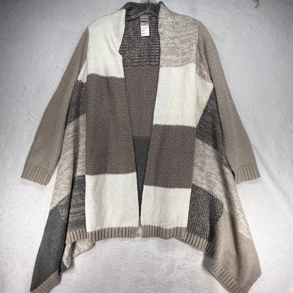 Chico's Open Front Cardigan Patchwork Knit Acrylic Sweater Neutral Size 2P US LP